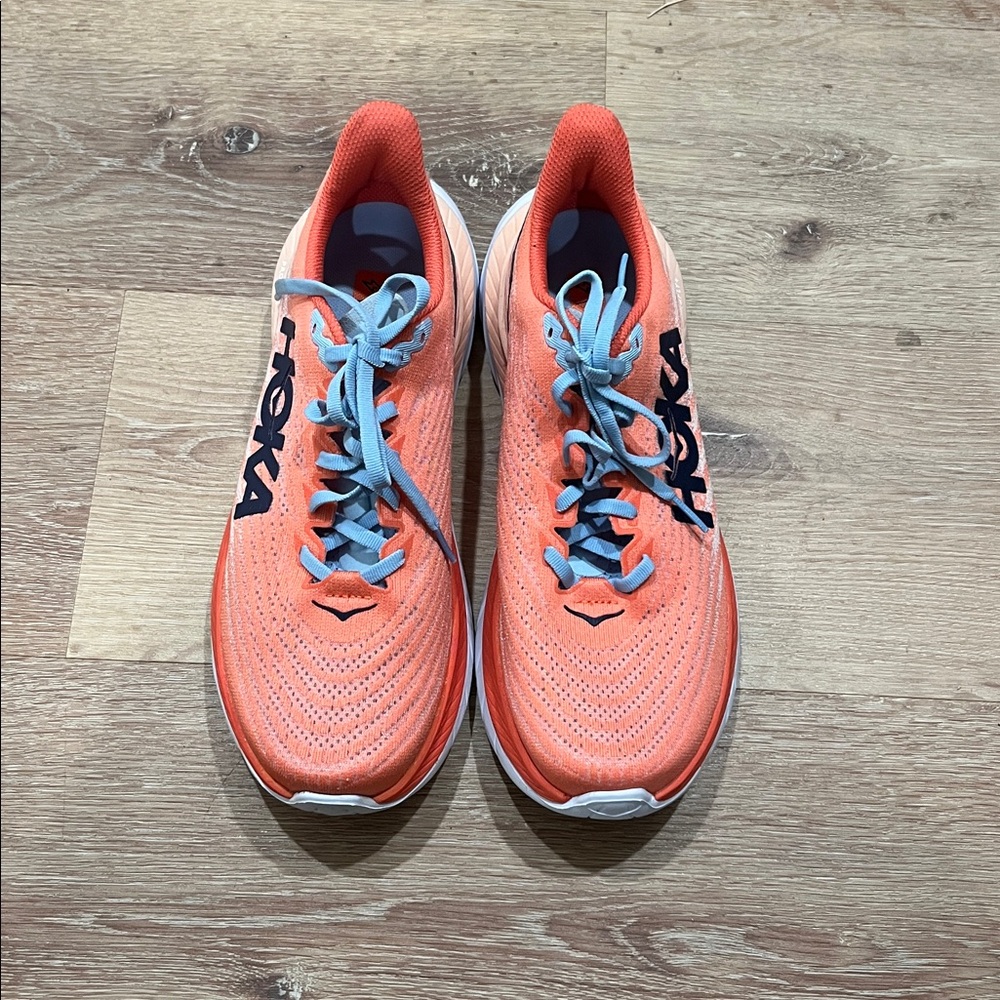 Hoka Vibrant Coral Sneakers with Blue Accents